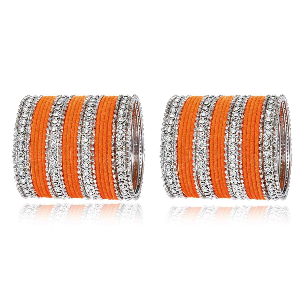 T4 Jewels Silver Plated Glossy Finished Shine Stones Studded Fashion Jewellery Metal Bangles Set For Women & Girls - (Set Of 2 Hands) Orange T4 Jewels