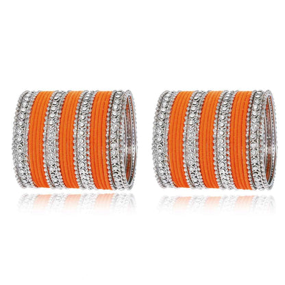 T4 Jewels Silver Plated Glossy Finished Shine Stones Studded Fashion Jewellery Metal Bangles Set For Women & Girls - (Set Of 2 Hands) Orange T4 Jewels