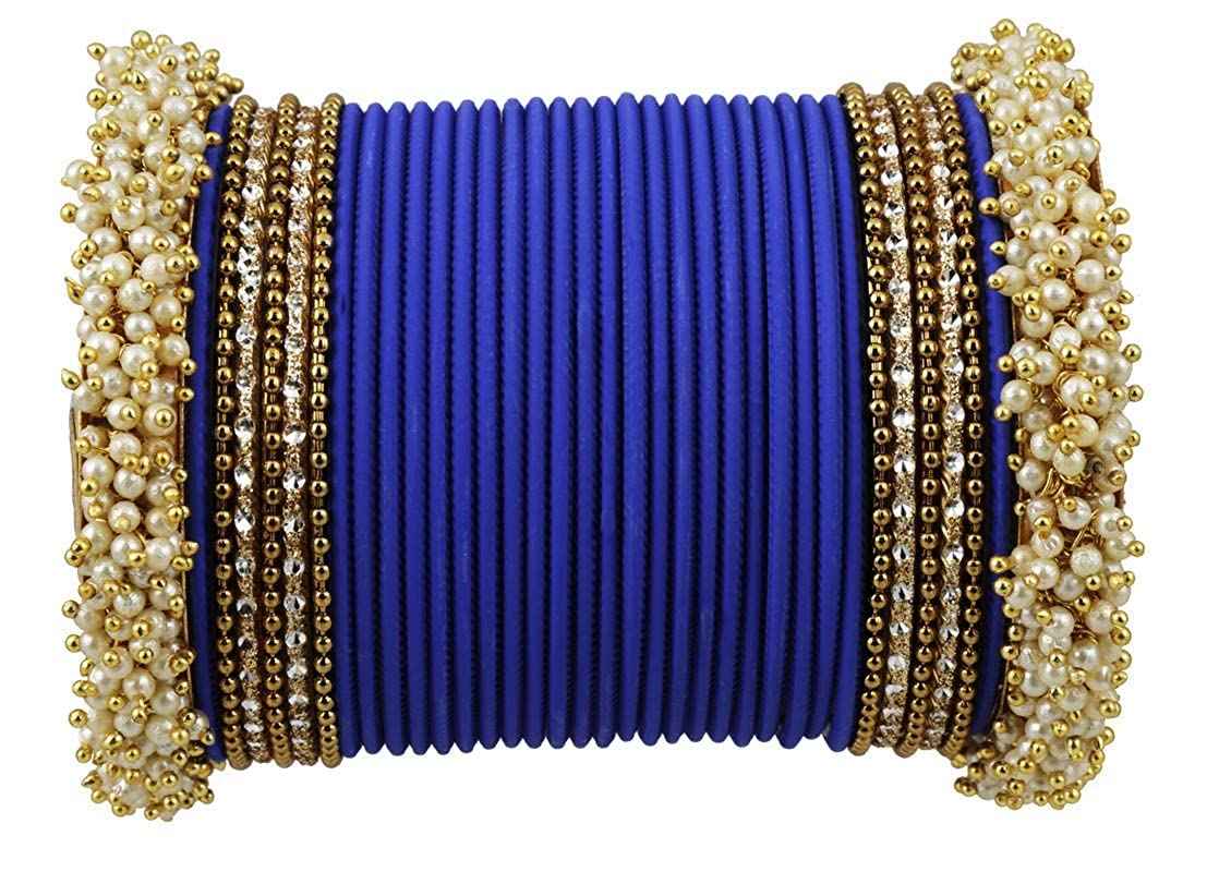 T4 Jewels Stylish 18k Gold Plated Single Hand Pearl Studded Beautiful Metal Bangle Set For Women & Girls Blue T4 Jewels