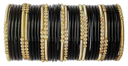 T4 Jewels 2.10 & 2.12 Size Beads Studded Branded Plane Gold Worked Glass Bangles Set For Women & Girls (Set Of 36) Black T4 Jewels