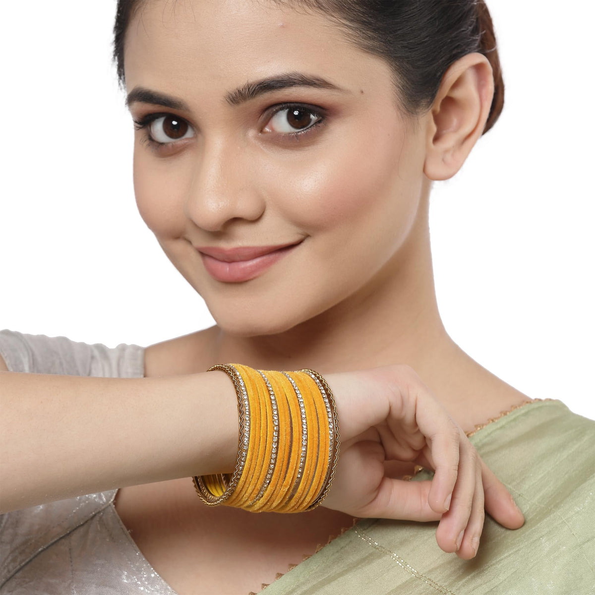 ZENEME Gold-Plated Matte Finish Velvet White American Diamonds Studded Bangles Set Of 36 For Girls and Women T4 Jewels