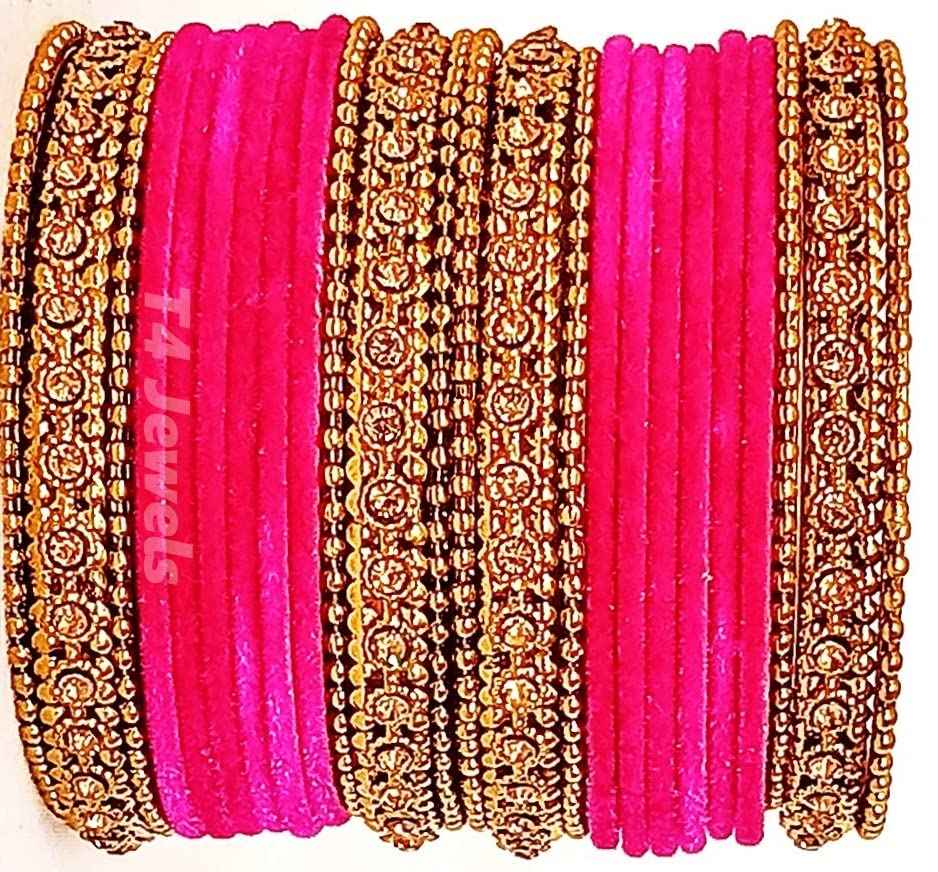T4 Jewels Gold Plated & Stone Studded Velvet Metal Bangle Set (Wedding Chuda/Diwali Special) For Girls & Women - (Pack Of 24 Bangles) T4 Jewels