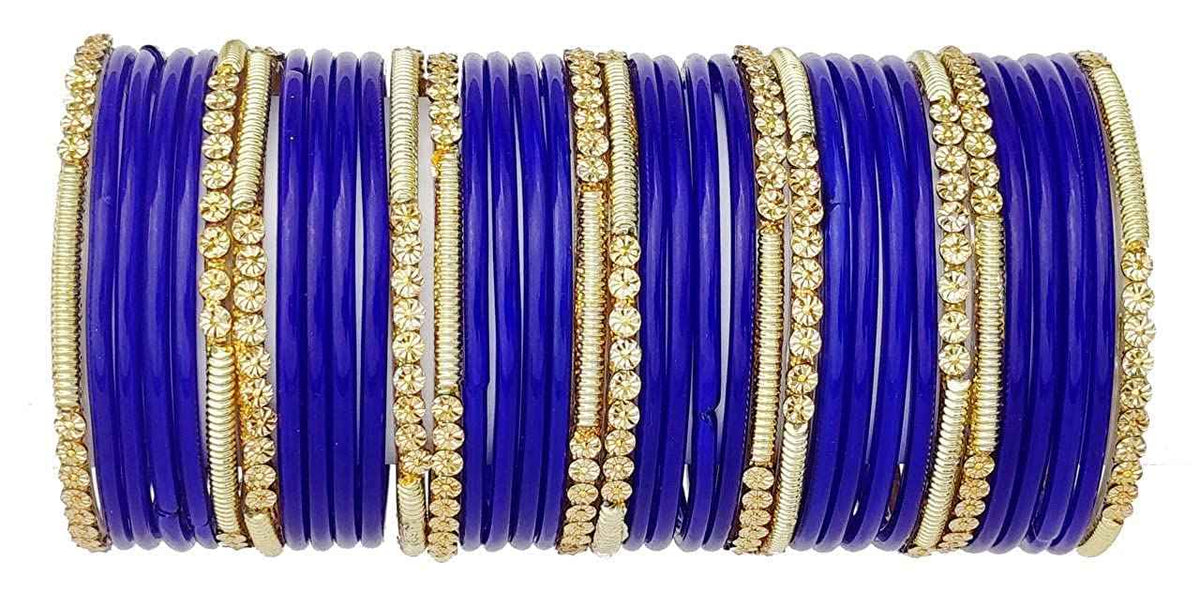 T4 Jewels 2.10 & 2.12 Size Beads Studded Branded Plane Gold Worked Glass Bangles Set For Women & Girls (Set Of 36) Blue 2.12 Inches T4 Jewels