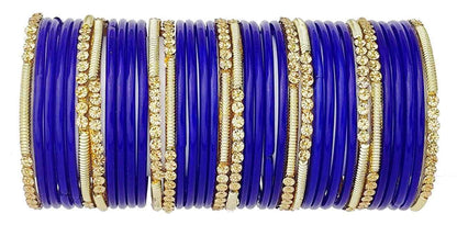 T4 Jewels 2.10 & 2.12 Size Beads Studded Branded Plane Gold Worked Glass Bangles Set For Women & Girls (Set Of 36) Blue 2.12 Inches T4 Jewels