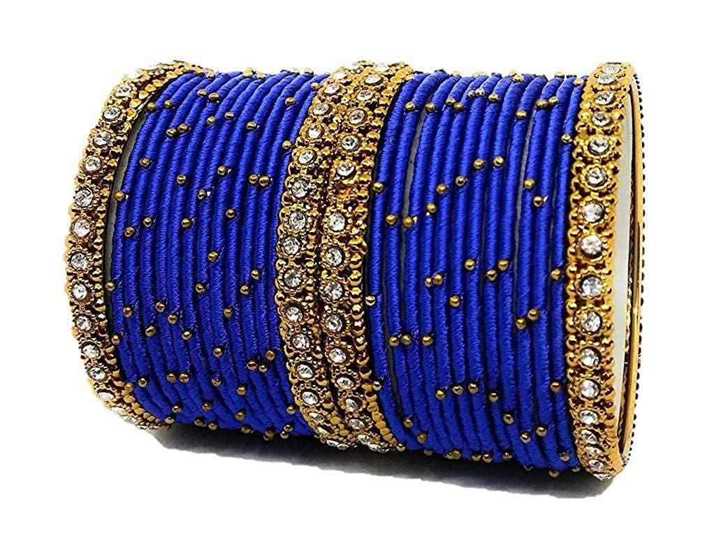 T4 Jewels Handmade Silk Thread Metal Bangles Set Zircon Stones Bridal Chuda/Wedding Chuda For Women & Girls (Set Of 28) Shine Blue T4 Jewels