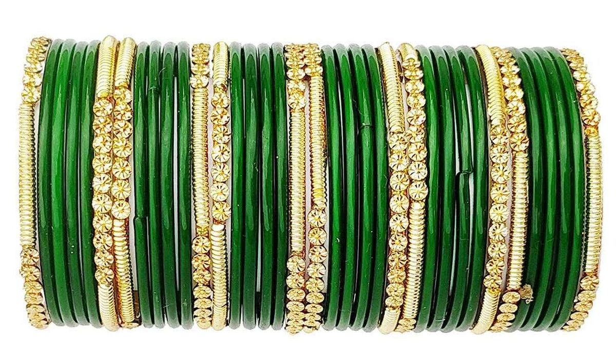 T4 Jewels 2.10 & 2.12 Size Beads Studded Branded Plane Gold Worked Glass Bangles Set For Women & Girls (Set Of 36) Green T4 Jewels