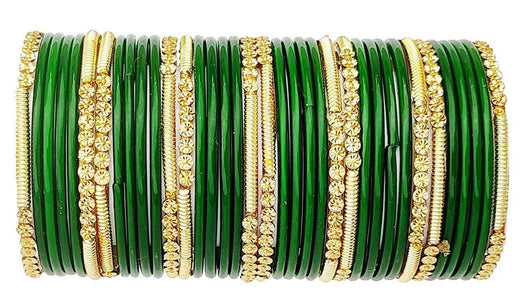 T4 Jewels 2.10 & 2.12 Size Beads Studded Branded Plane Gold Worked Glass Bangles Set For Women & Girls (Set Of 36)