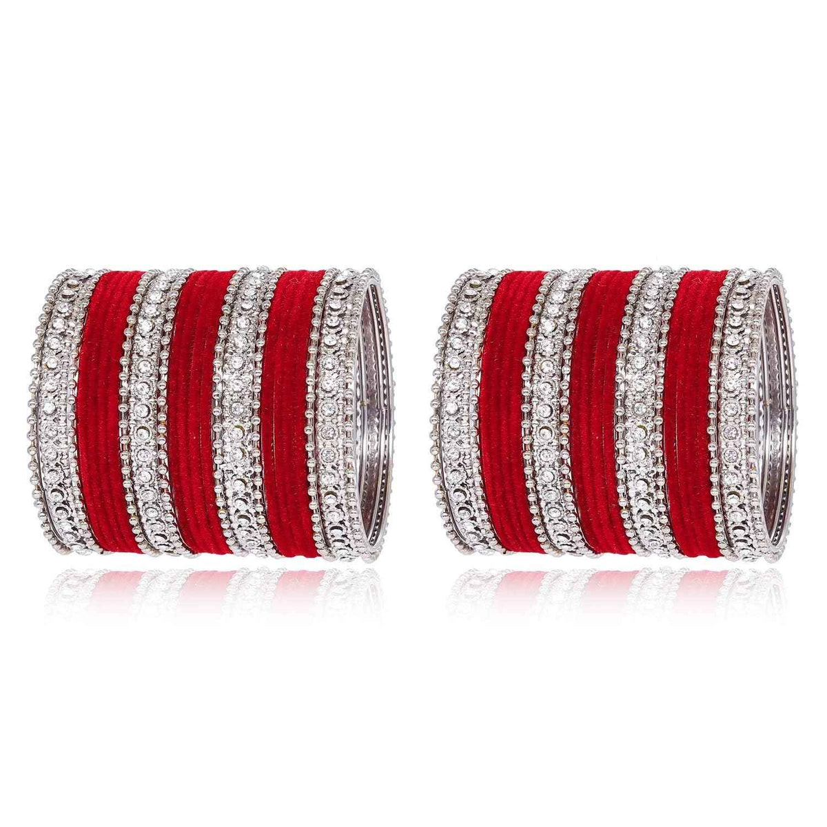 T4 Jewels Silver Plated Glossy Finished Shine Stones Studded Fashion Jewellery Metal Bangles Set For Women & Girls - (Set Of 2 Hands) Red T4 Jewels