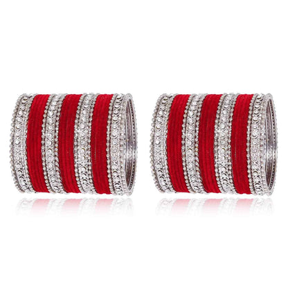 T4 Jewels Silver Plated Glossy Finished Shine Stones Studded Fashion Jewellery Metal Bangles Set For Women & Girls - (Set Of 2 Hands) Red T4 Jewels