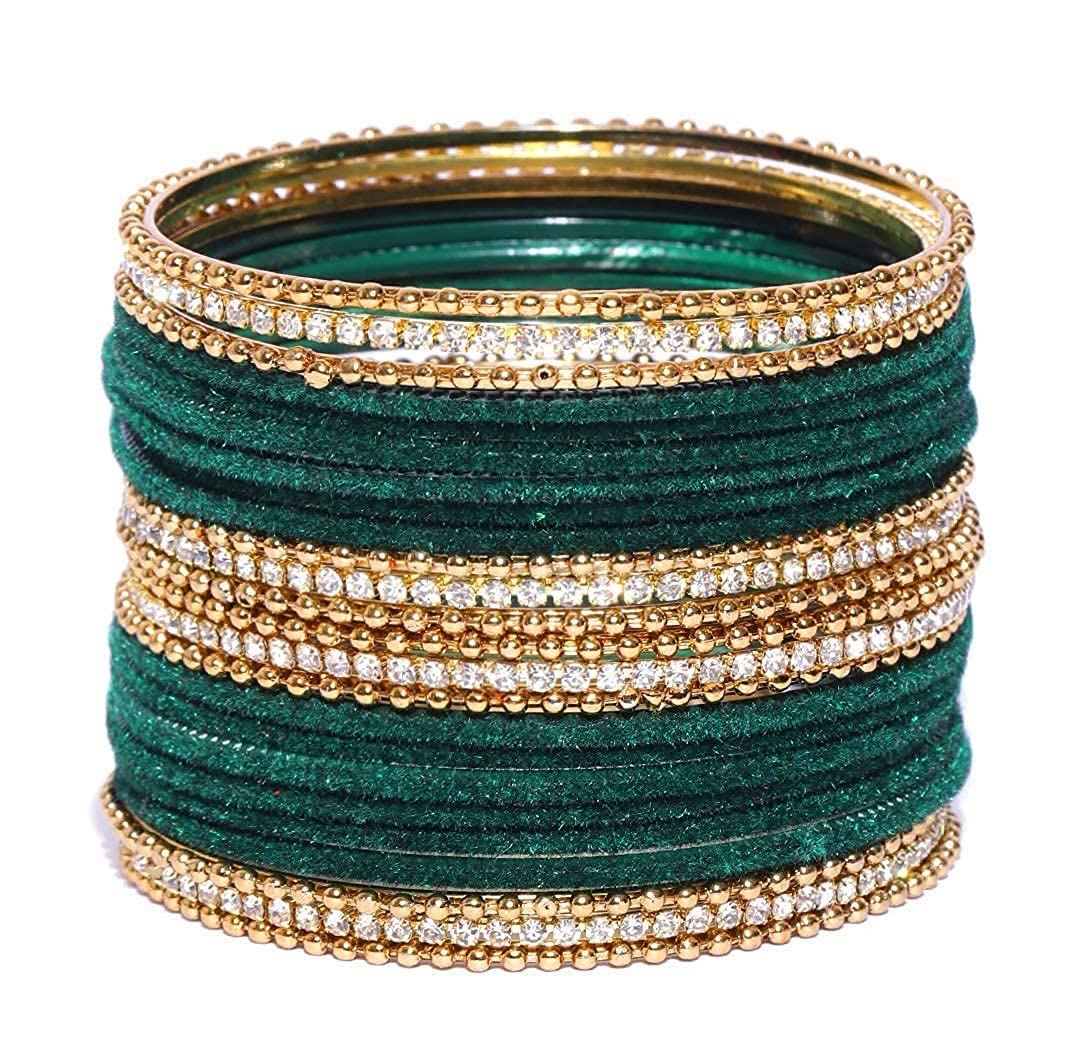 T4 Jewels Gold Plated Stones Studded Zircon Velvet Metal Bangles Set For Women & Girls Dark Green T4 Jewels