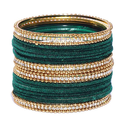 T4 Jewels Gold Plated Stones Studded Zircon Velvet Metal Bangles Set For Women & Girls Dark Green T4 Jewels
