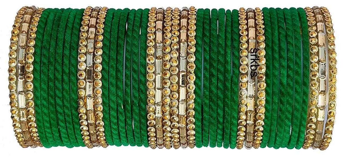 T4 Jewels 2.10 & 2.12 Size Gold Plated Velvet Designer Beads With Stones Studded Glass Bangles Set For Women & Girls Green T4 Jewels