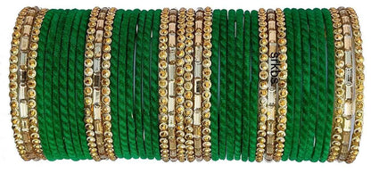 T4 Jewels 2.10 & 2.12 Size Gold Plated Velvet Designer Beads With Stones Studded Glass Bangles Set For Women & Girls Green T4 Jewels