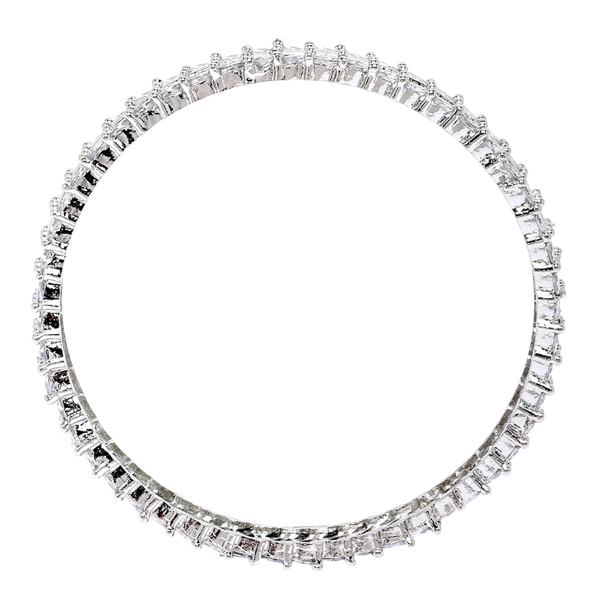 ZENEME Rhodium-Plated Silver Toned White American Diamond studded Lead Shape Bangle Jewelry Set for Girls and Women (Set Of 2) T4 Jewels