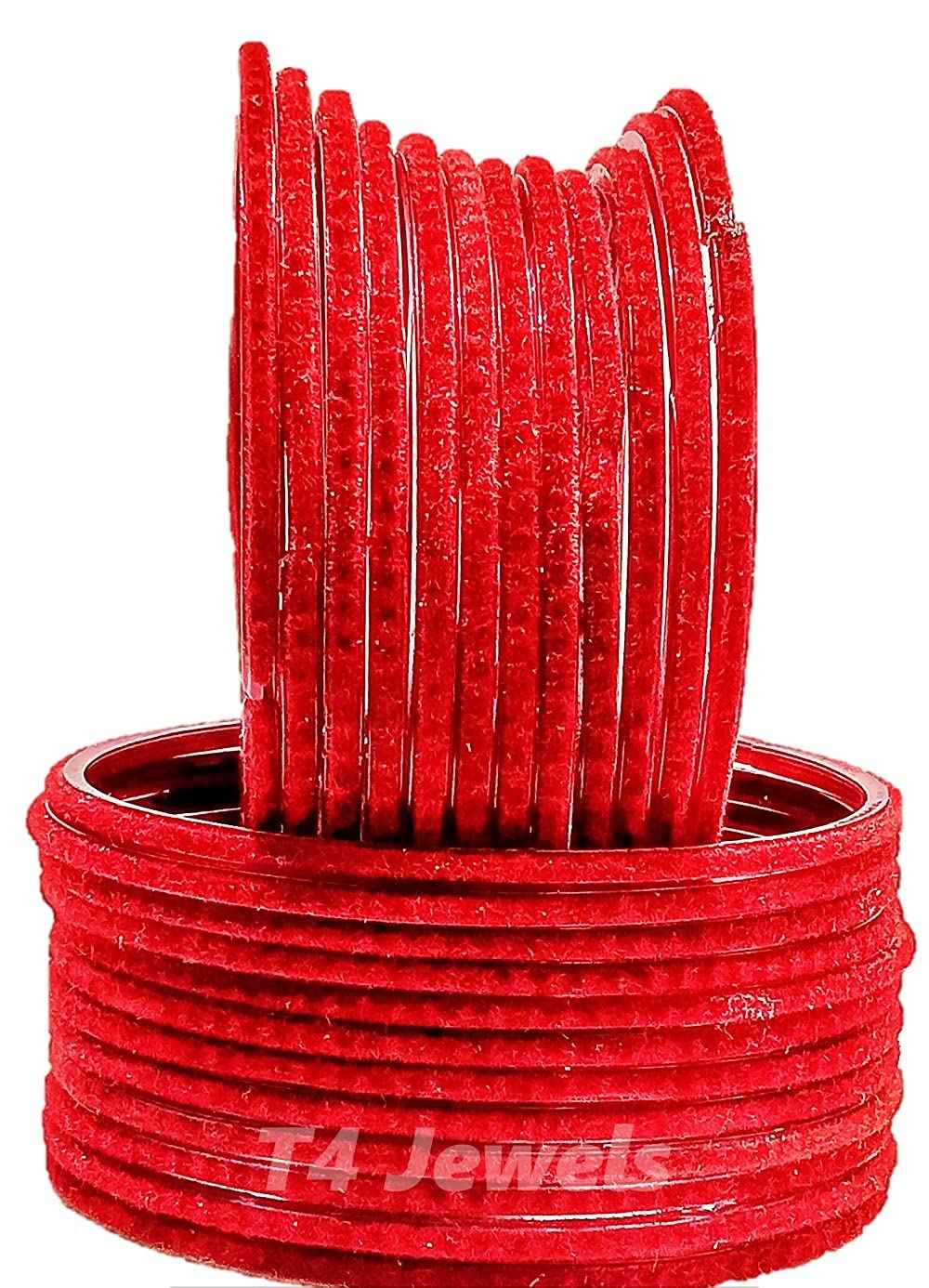 T4 Jewels Velvet Glass Bangles Set On Occasion Of Birthdays, Parties & Functions For Women & Girls- (Pack Of 24) Red T4 Jewels