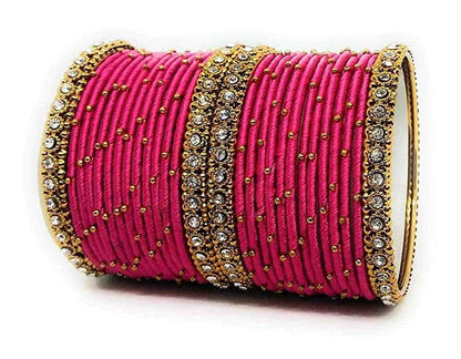 T4 Jewels Handmade Silk Thread Metal Bangles Set Zircon Stones Bridal Chuda/Wedding Chuda For Women & Girls (Set Of 28) Light Rani T4 Jewels
