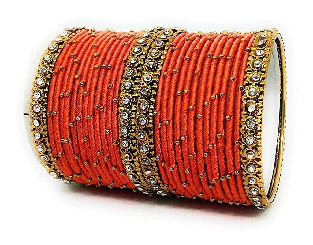 T4 Jewels Handmade Silk Thread Metal Bangles Set Zircon Stones Bridal Chuda/Wedding Chuda For Women & Girls (Set Of 28) Orange T4 Jewels