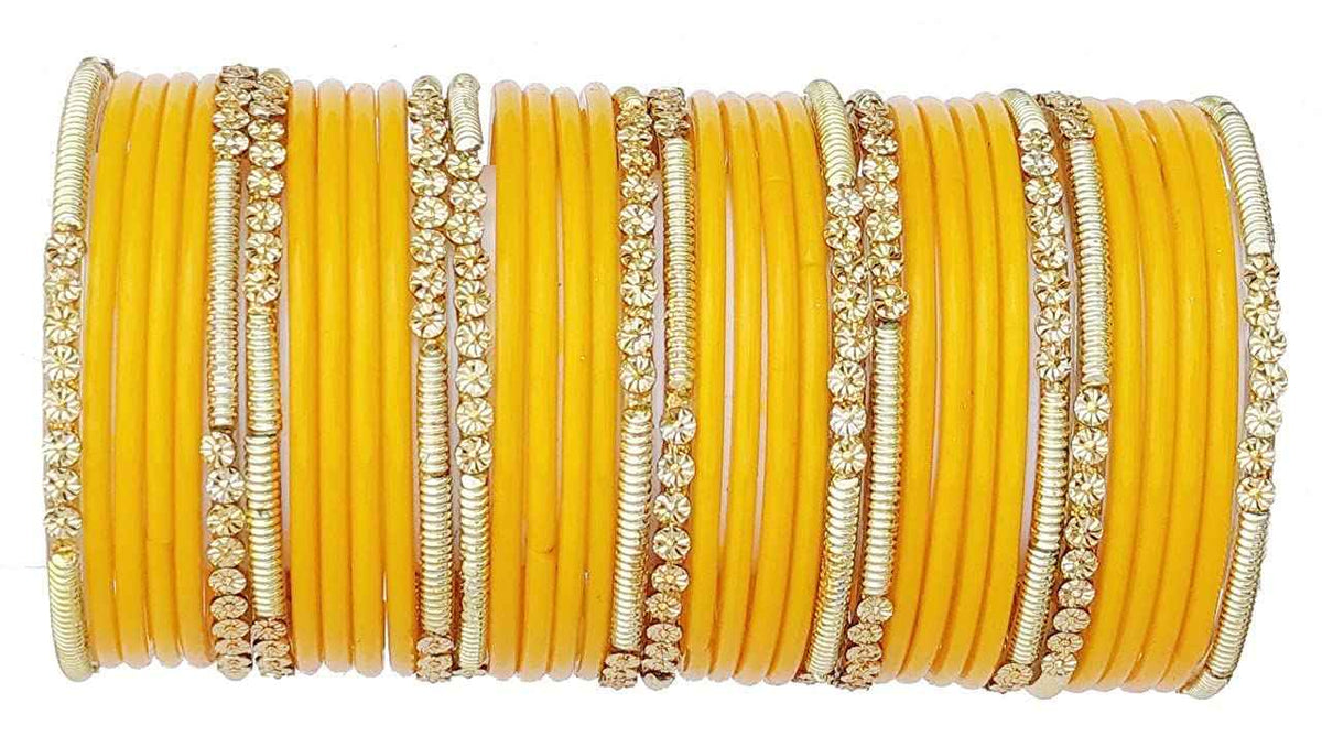 T4 Jewels 2.10 & 2.12 Size Beads Studded Branded Plane Gold Worked Glass Bangles Set For Women & Girls (Set Of 36) Yellow T4 Jewels