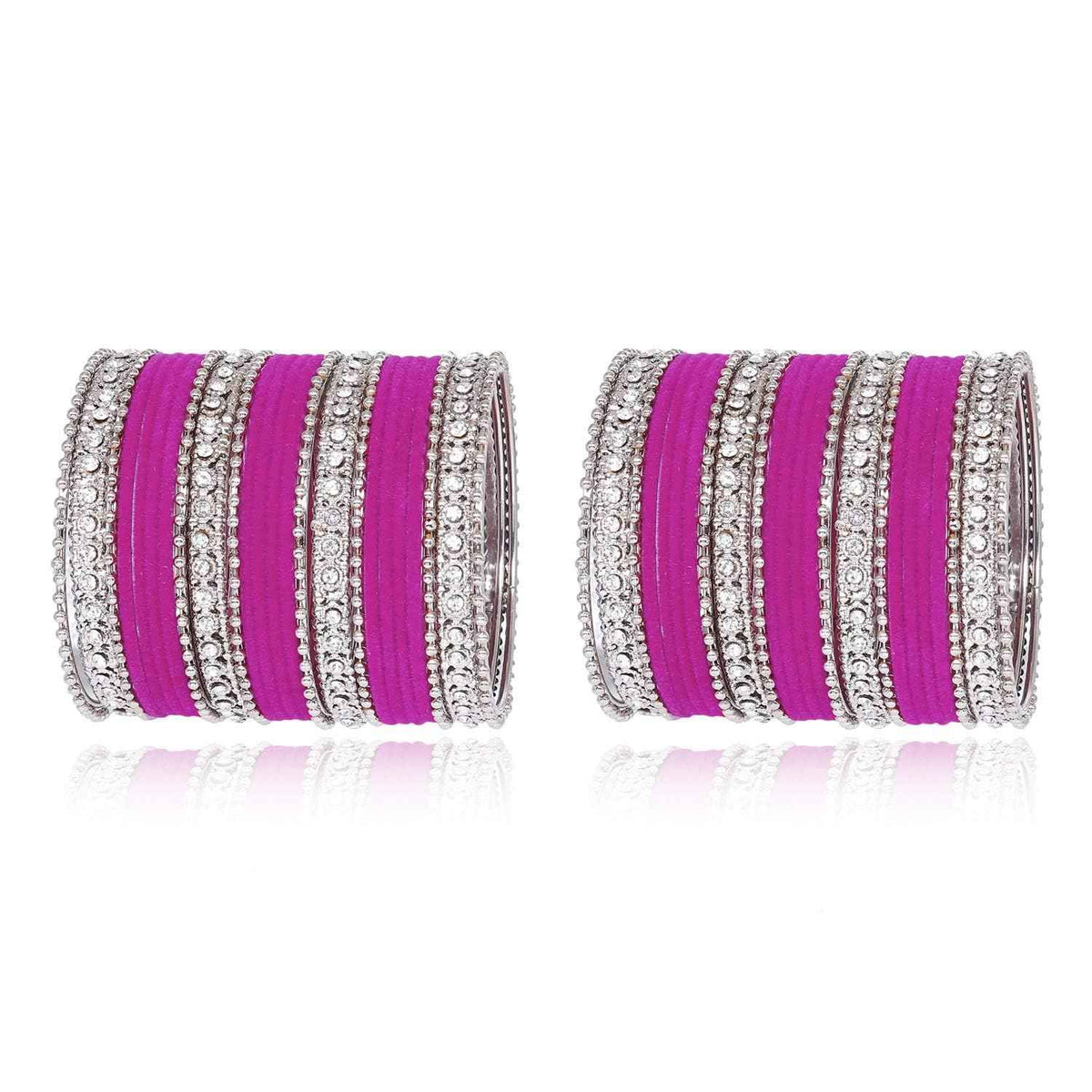 T4 Jewels Silver Plated Glossy Finished Shine Stones Studded Fashion Jewellery Metal Bangles Set For Women & Girls - (Set Of 2 Hands) Magenta T4 Jewels