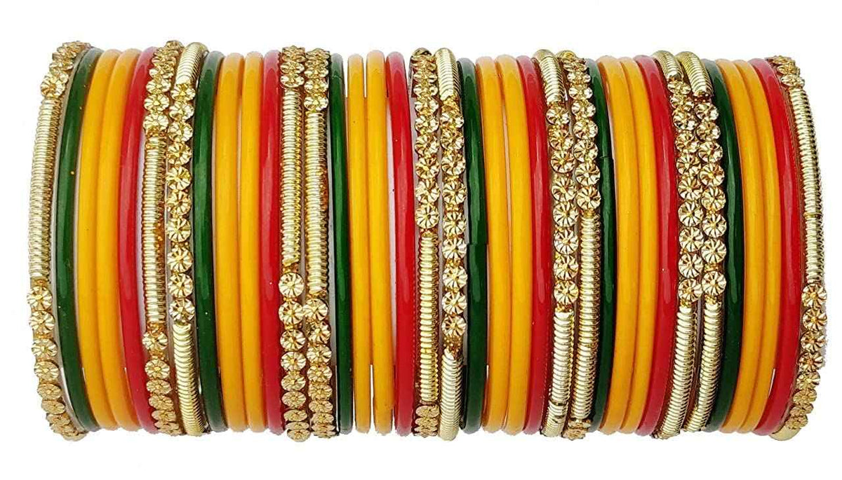 T4 Jewels 2.10 & 2.12 Size Beads Studded Branded Plane Gold Worked Glass Bangles Set For Women & Girls (Set Of 36) Multi-Colour T4 Jewels