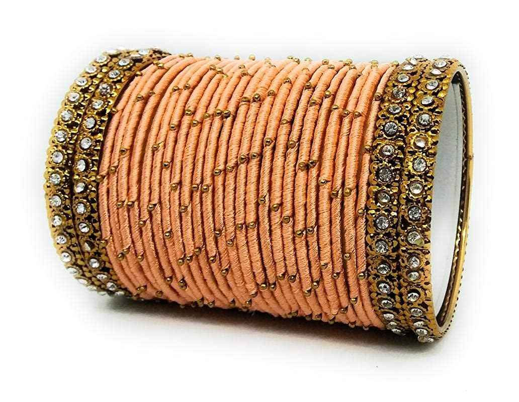 T4 Jewels Handmade Silk Thread Metal Bangles Set Zircon Stones Bridal Chuda/Wedding Chuda For Women & Girls (Set Of 28) T4 Jewels