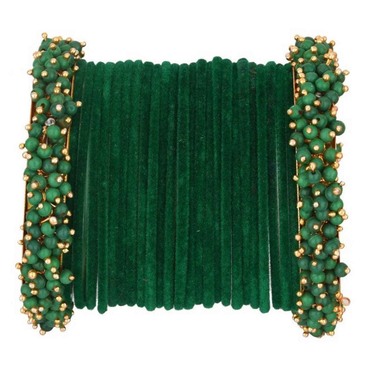 T4 Jewels Glossy Finished Fashion Jewellery Latest Collection Pearl & Velvet Metal Bangles Set For Girls & Women (Set Of 26) Dark Green T4 Jewels