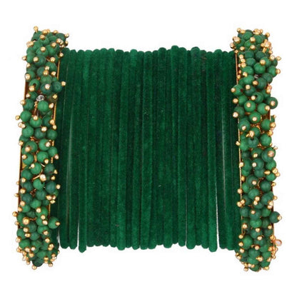 T4 Jewels Glossy Finished Fashion Jewellery Latest Collection Pearl & Velvet Metal Bangles Set For Girls & Women (Set Of 26) Dark Green T4 Jewels