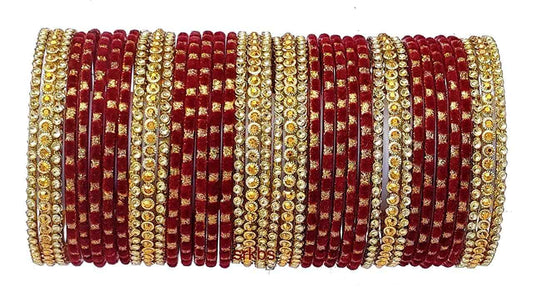 T4 Jewels 2.10 & 2.12 Size Gold Plated & Dotted Beads Studded Layered Glass Bangles Set - MHM DOTTED Maroon Large Size Bangles T4 Jewels