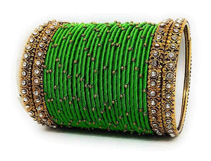 T4 Jewels Handmade Silk Thread Metal Bangles Set Zircon Stones Bridal Chuda/Wedding Chuda For Women & Girls (Set Of 28) Green T4 Jewels