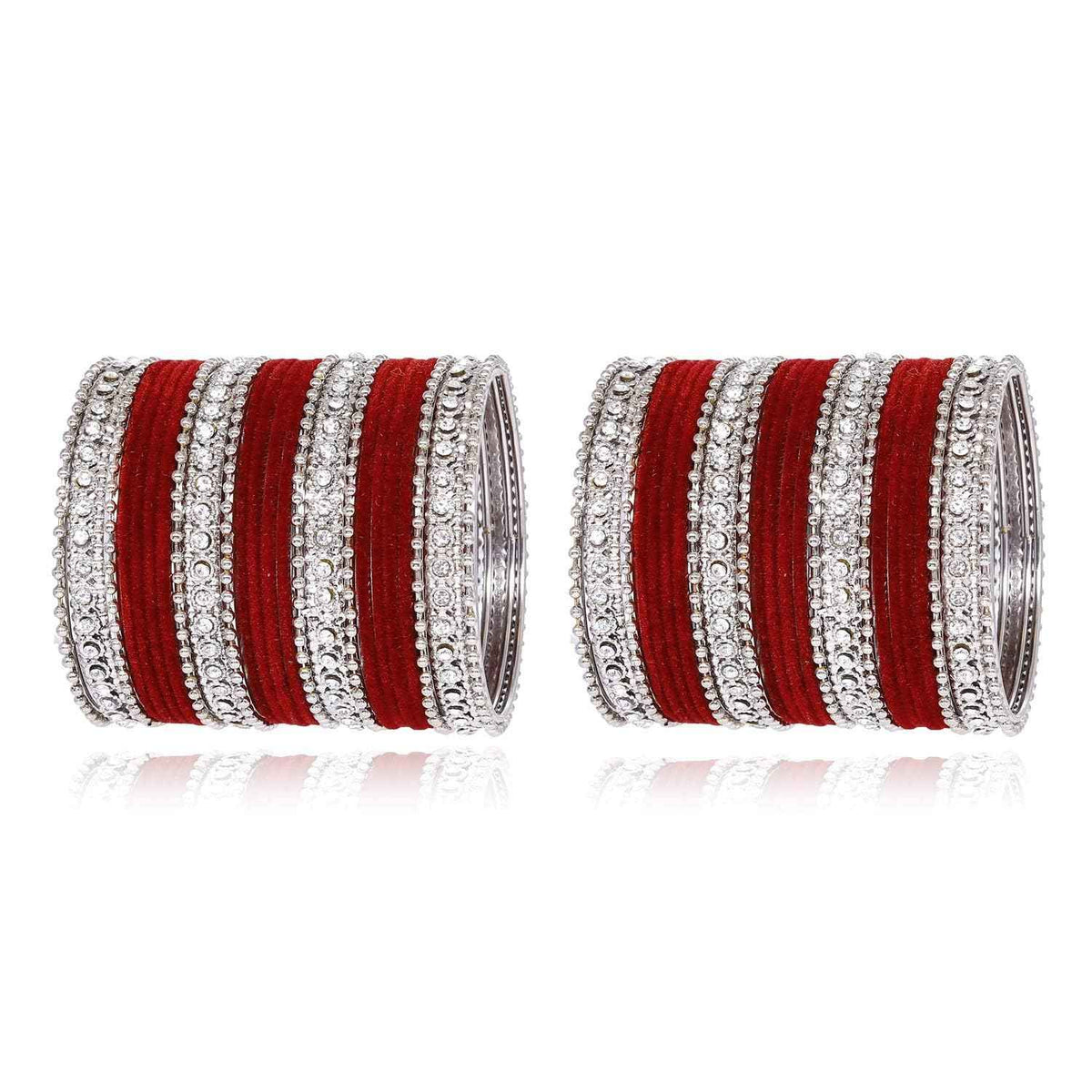 T4 Jewels Silver Plated Glossy Finished Shine Stones Studded Fashion Jewellery Metal Bangles Set For Women & Girls - (Set Of 2 Hands) Maroon T4 Jewels