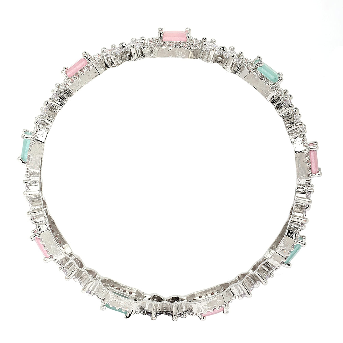 ZENEME Rhodium-Plated Silver Toned American Diamond Square Shaped studded Bangle Jewellery Set for Girls and Women (Set Of 2) T4 Jewels
