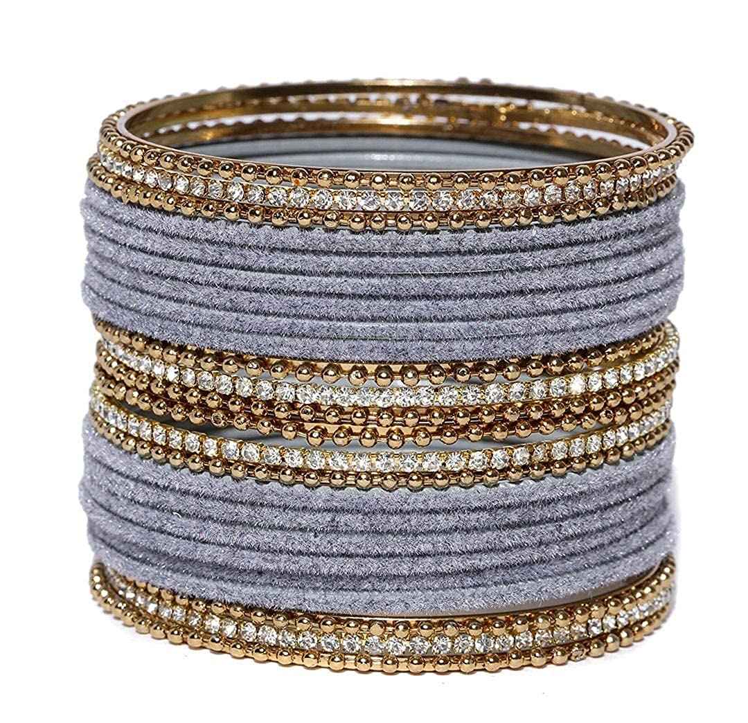 T4 Jewels Gold Plated Stones Studded Zircon Velvet Metal Bangles Set For Women & Girls Grey T4 Jewels