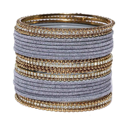 T4 Jewels Gold Plated Stones Studded Zircon Velvet Metal Bangles Set For Women & Girls Grey T4 Jewels