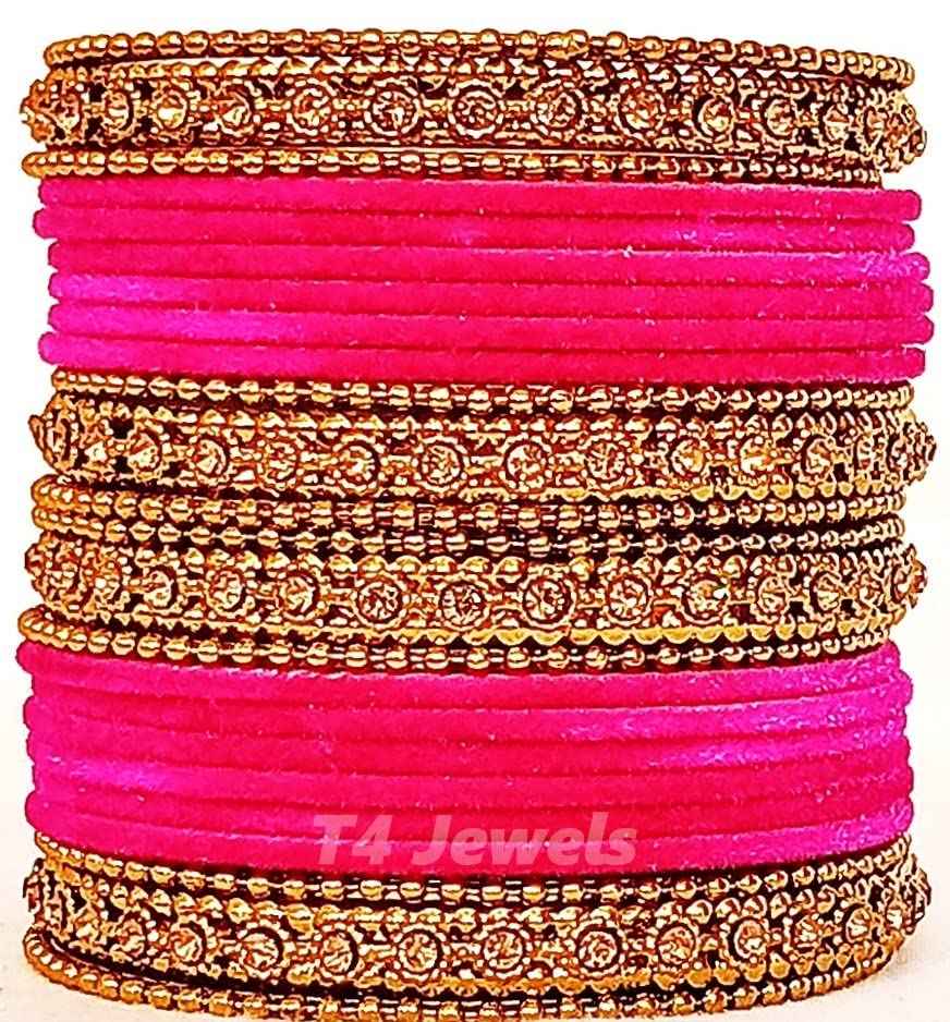 T4 Jewels Gold Plated & Stone Studded Velvet Metal Bangle Set (Wedding Chuda/Diwali Special) For Girls & Women - (Pack Of 24 Bangles) Dark Pink T4 Jewels