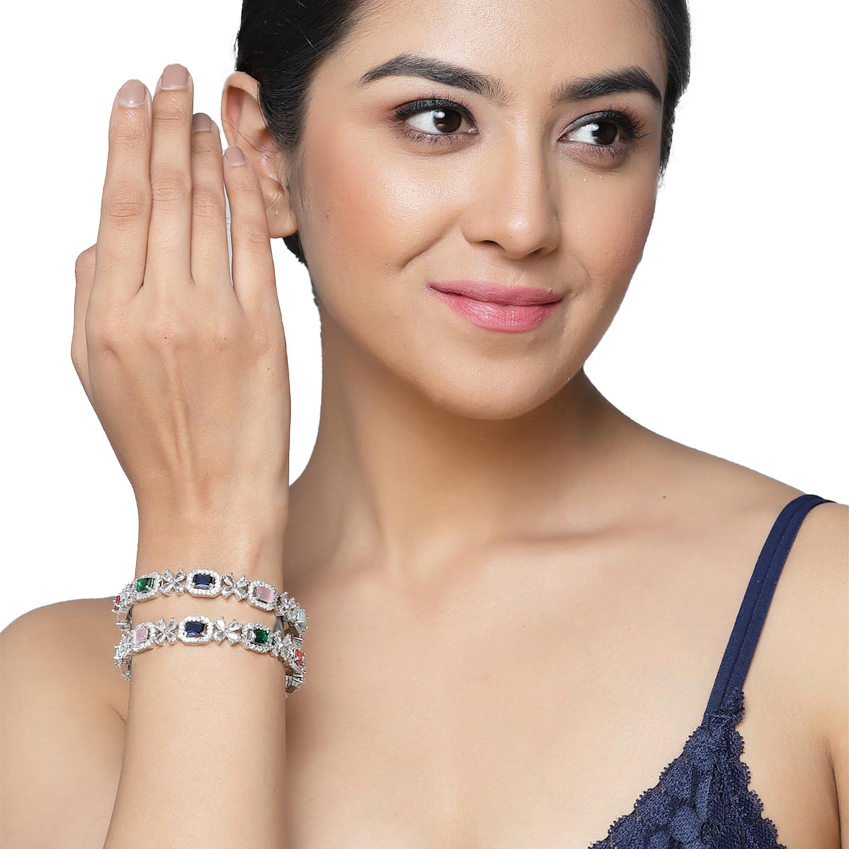 ZENEME Rhodium-Plated Silver Toned American Diamond Square Shaped studded Bangle Jewellery Set for Girls and Women (Set Of 2) T4 Jewels