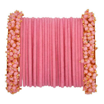 T4 Jewels Glossy Finished Fashion Jewellery Latest Collection Pearl & Velvet Metal Bangles Set For Girls & Women (Set Of 26) Pink T4 Jewels