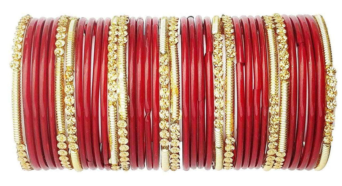 T4 Jewels 2.10 & 2.12 Size Beads Studded Branded Plane Gold Worked Glass Bangles Set For Women & Girls (Set Of 36) Maroon 2.11 Inches T4 Jewels