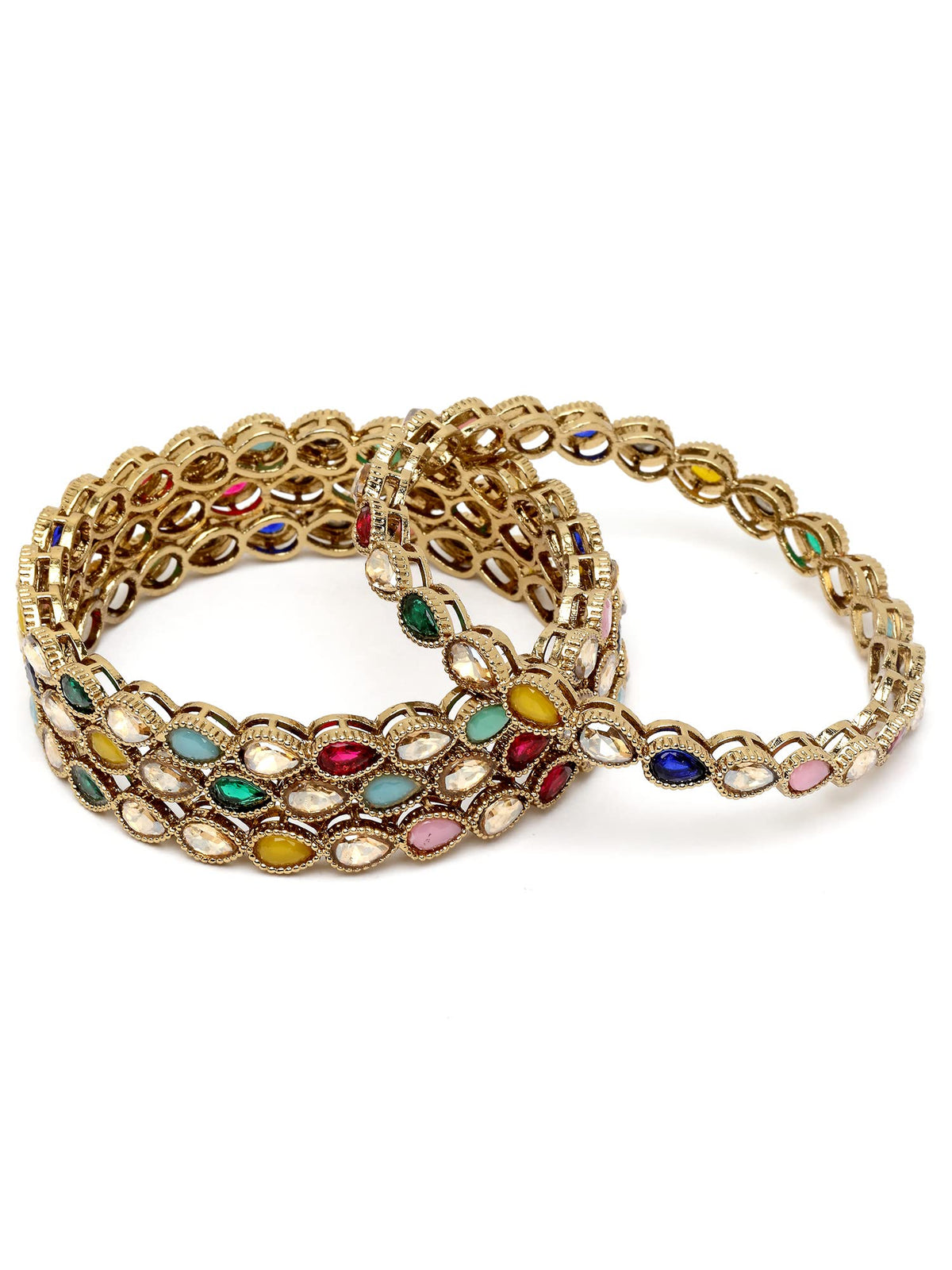 T4 Jewels Gold Plated Set of 4 Drop Shape Multicolor Stone Studded Bangles for Women T4 Jewels
