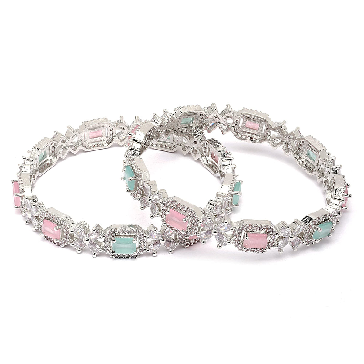 ZENEME Rhodium-Plated Silver Toned American Diamond Square Shaped studded Bangle Jewellery Set for Girls and Women (Set Of 2) Design_01 T4 Jewels