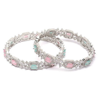 ZENEME Rhodium-Plated Silver Toned American Diamond Square Shaped studded Bangle Jewellery Set for Girls and Women (Set Of 2) Design_01 T4 Jewels