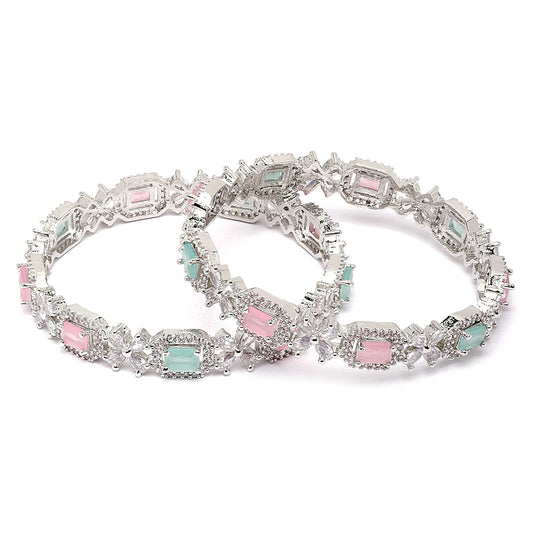 ZENEME Rhodium-Plated Silver Toned American Diamond Square Shaped studded Bangle Jewellery Set for Girls and Women (Set Of 2) Design_01 T4 Jewels