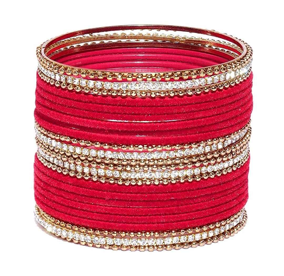 T4 Jewels Gold Plated Stones Studded Zircon Velvet Metal Bangles Set For Women & Girls Red T4 Jewels