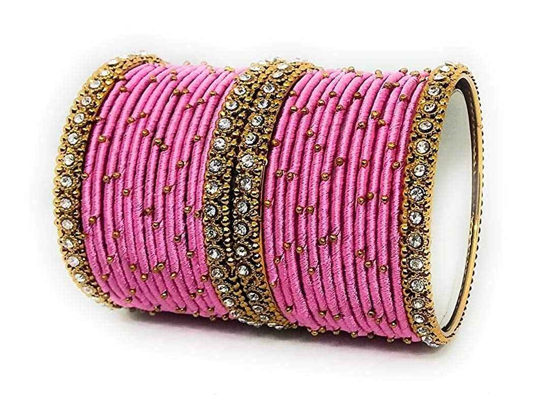 T4 Jewels Handmade Silk Thread Metal Bangles Set Zircon Stones Bridal Chuda/Wedding Chuda For Women & Girls (Set Of 28) Soft Pink T4 Jewels