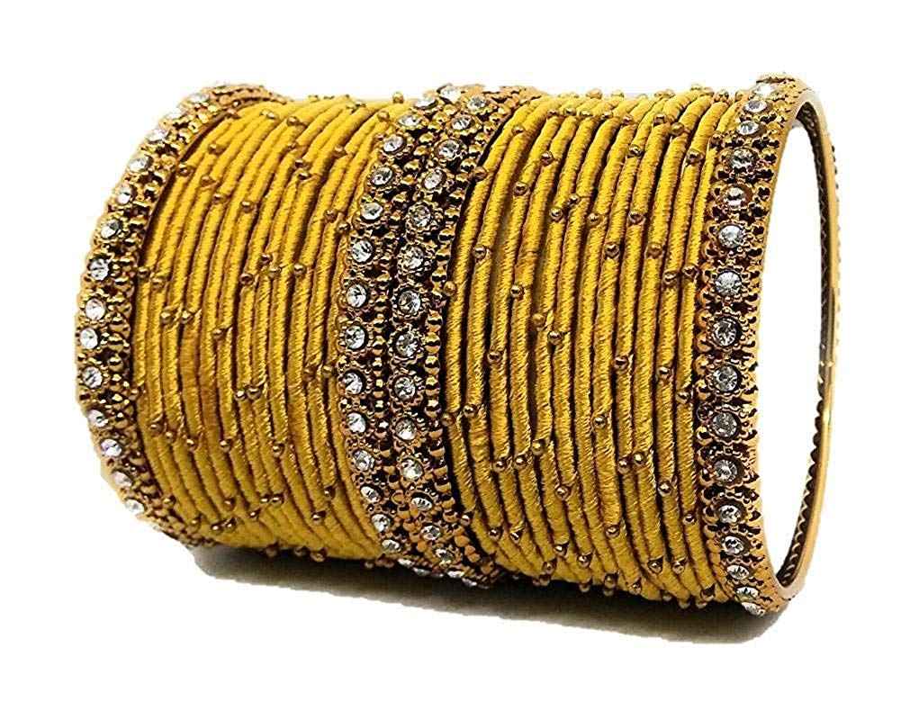 T4 Jewels Handmade Silk Thread Metal Bangles Set Zircon Stones Bridal Chuda/Wedding Chuda For Women & Girls (Set Of 28) Gold T4 Jewels