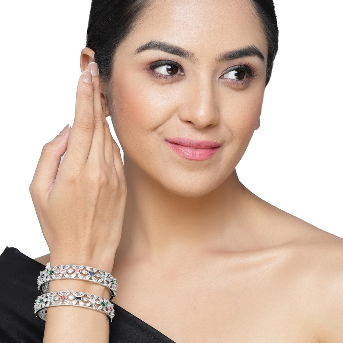 ZENEME Rhodium-Plated Silver Toned American Diamond Square Shaped studded Bangle Jewellery Set for Girls and Women (Set Of 2) T4 Jewels
