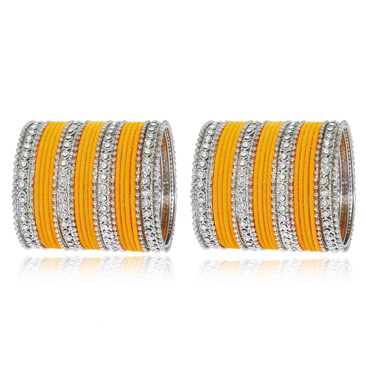 T4 Jewels Silver Plated Glossy Finished Shine Stones Studded Fashion Jewellery Metal Bangles Set For Women & Girls - (Set Of 2 Hands) Musturd T4 Jewels