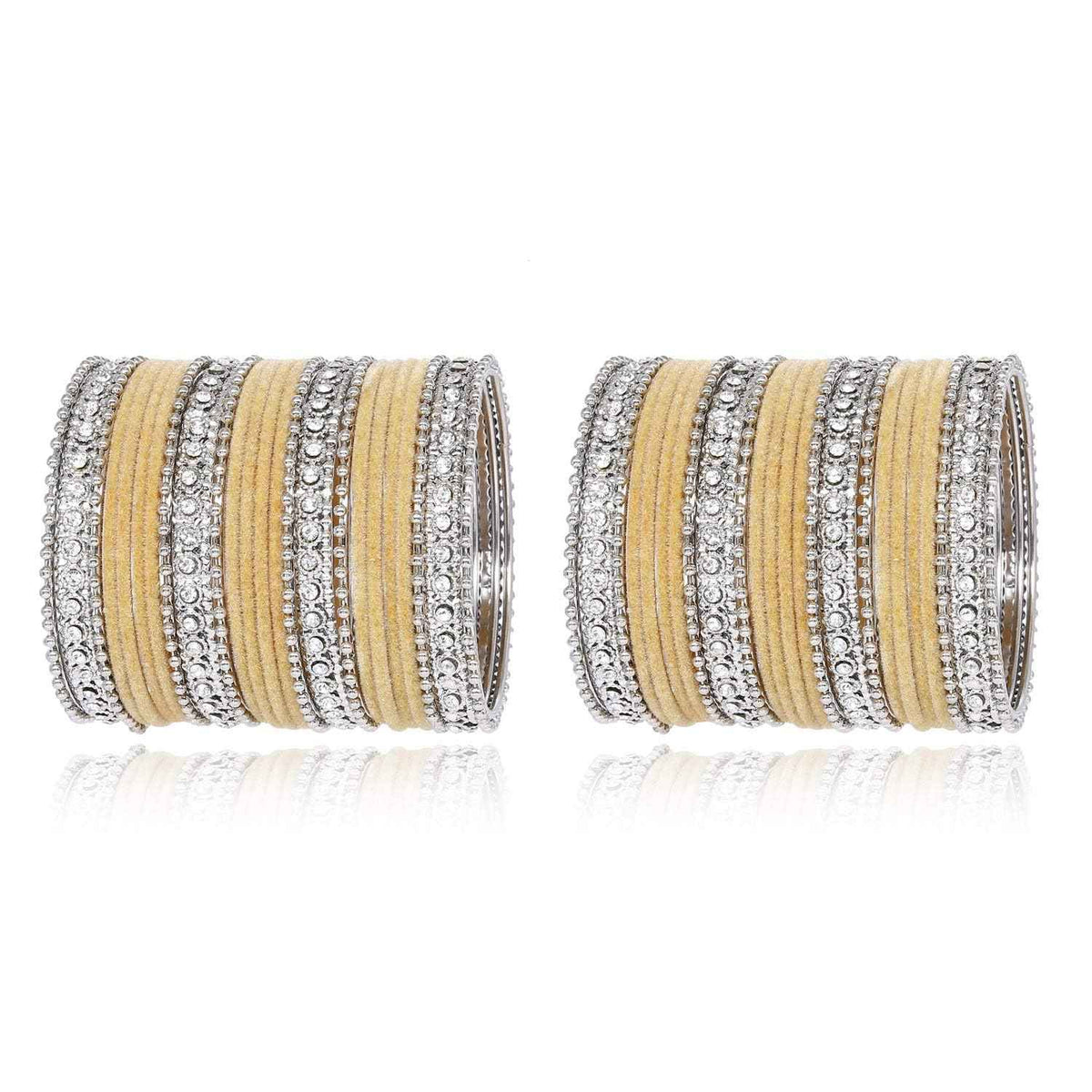 T4 Jewels Silver Plated Glossy Finished Shine Stones Studded Fashion Jewellery Metal Bangles Set For Women & Girls - (Set Of 2 Hands) Cream T4 Jewels