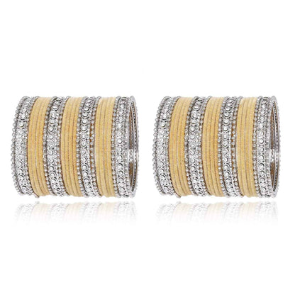 T4 Jewels Silver Plated Glossy Finished Shine Stones Studded Fashion Jewellery Metal Bangles Set For Women & Girls - (Set Of 2 Hands) Cream T4 Jewels