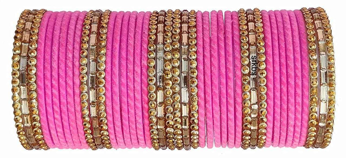 T4 Jewels 2.10 & 2.12 Size Gold Plated Velvet Designer Beads With Stones Studded Glass Bangles Set For Women & Girls Pink 2.12 Inches T4 Jewels