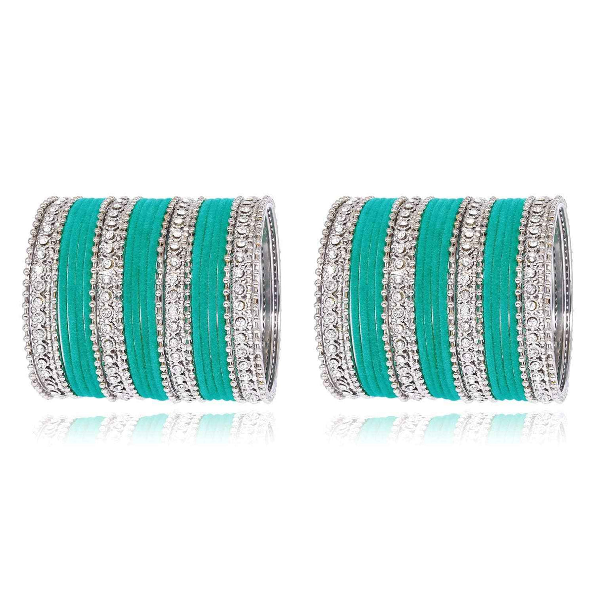 T4 Jewels Silver Plated Glossy Finished Shine Stones Studded Fashion Jewellery Metal Bangles Set For Women & Girls - (Set Of 2 Hands) Radium T4 Jewels